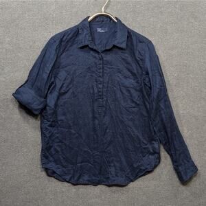 Gap Linen Shirt Womens Large Popover Roll Tab Sleeve Natural Navy Collared